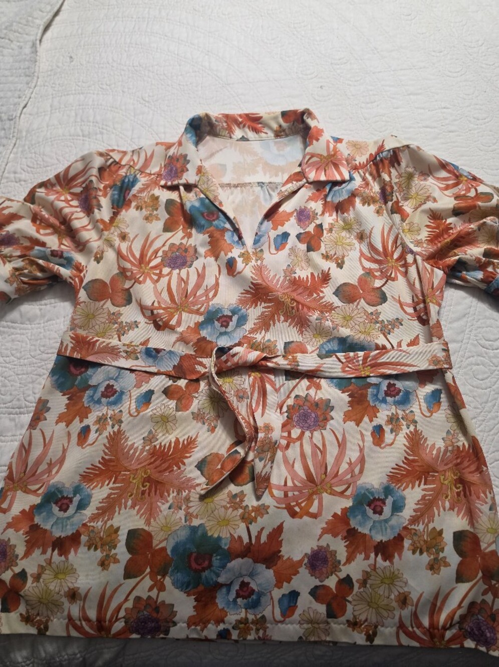 Floral Tie-Belt Blouse in Cream with Coral and Blue Accents